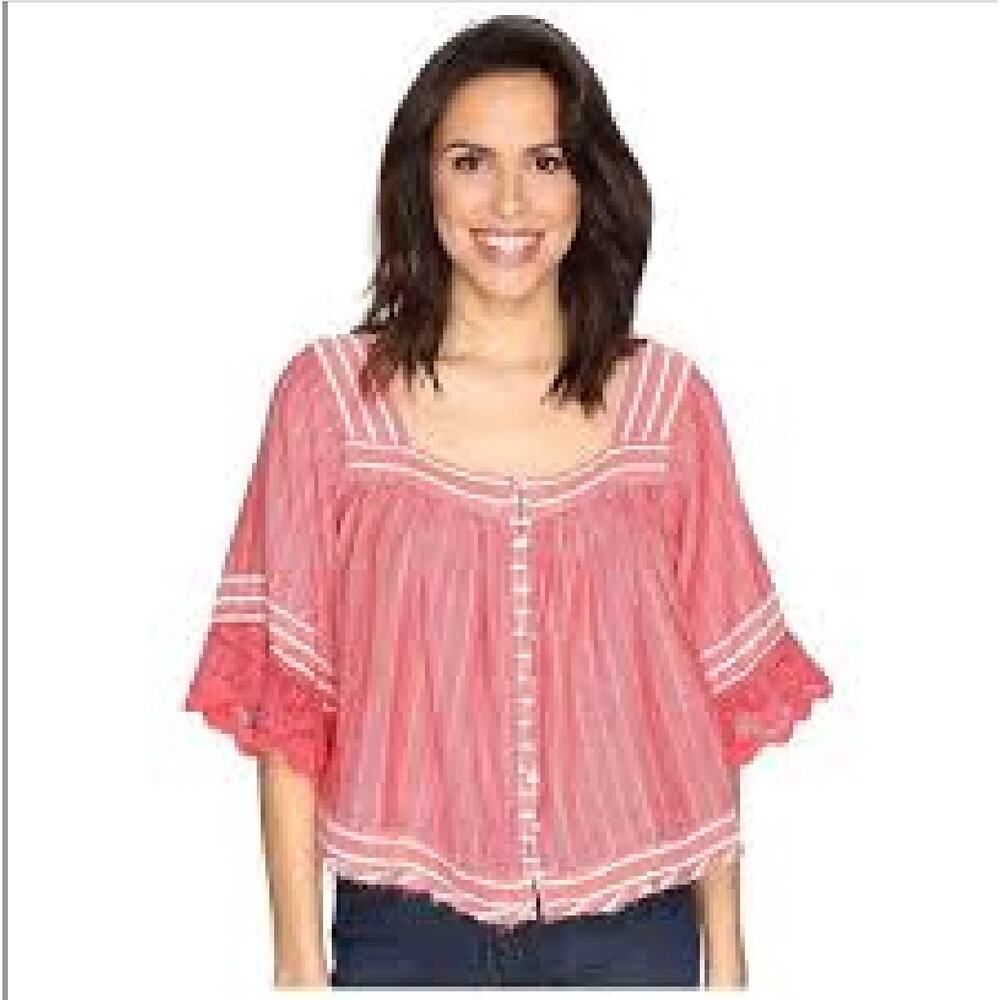 Free People Womens Small Red Oversized SeeSaw Lace Short Sleeve Square Crop Top